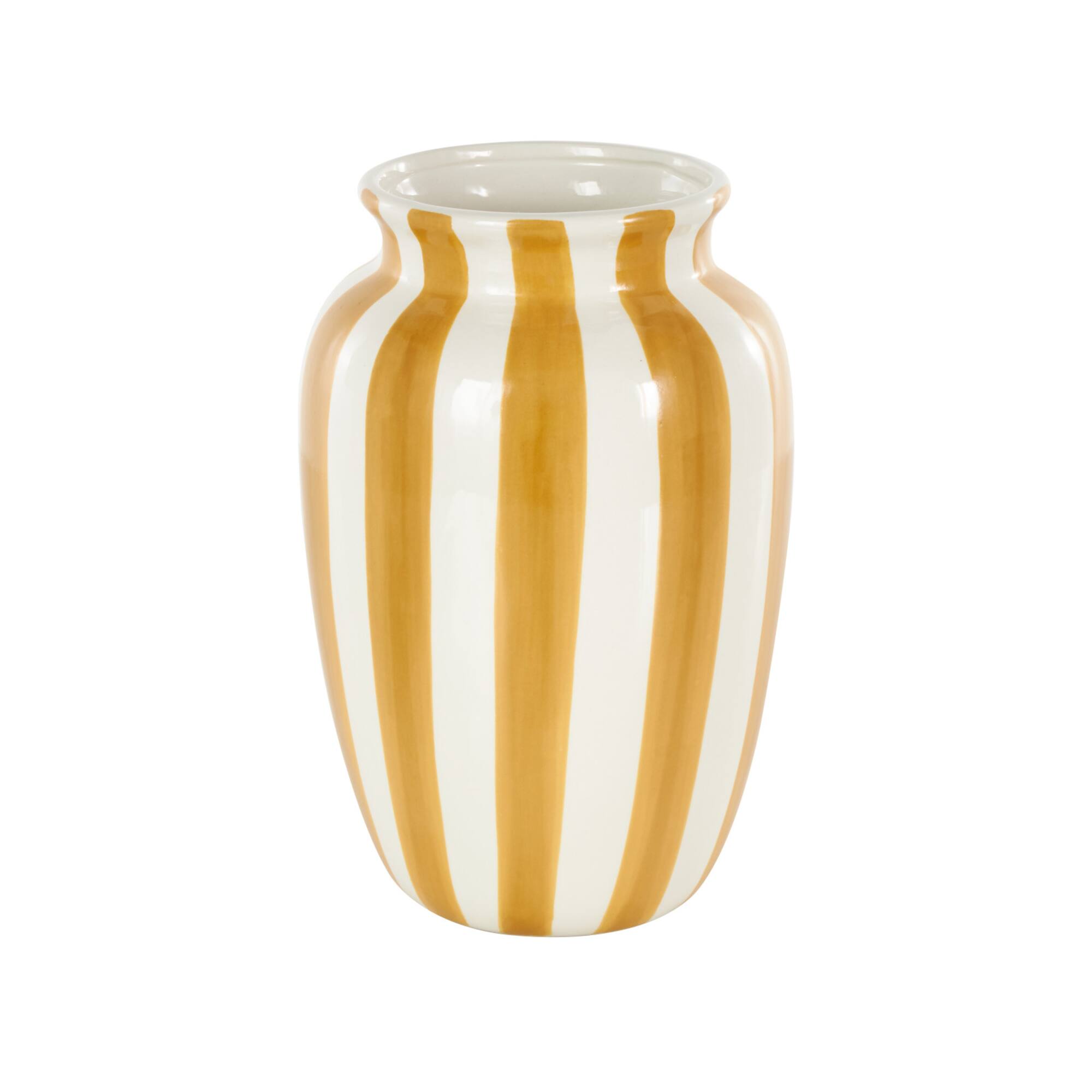 9.5" White & Yellow Stripes Round Wide Ceramic Vase